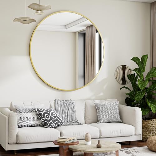 Image of VooBang Large Gold Round Bathroom Mirror, 48 inch Circle Wall Mounted Hanging Mirror with Simple Modern Circular Metal Frame for Hallway, Entryway, Living Room, Gold Frame
