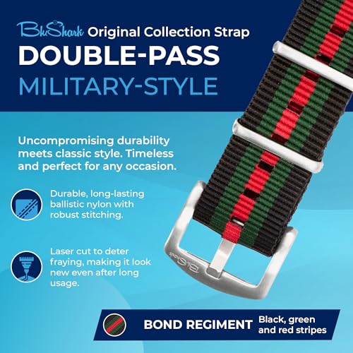 Image of BluShark - Original Collection Military-Style Waterproof Watch Strap, Fits All Timepiece Brands, Durable Nylon Wristwatch Accessories with Stainless Steel Buckle - 18mm, 20mm, 22mm & 24mm Watch Bands