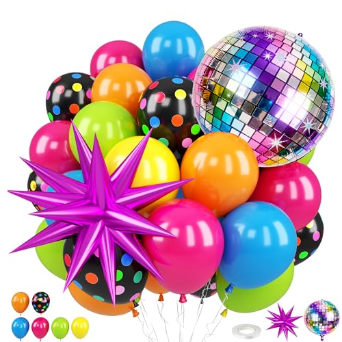 Neon Balloons 80s 90s Disco Hot Pink Blue Green Orange Yellow Neon Dot Balloons with Star and Disco Ball Foil Balloons for Disco Party Retro Dance Party Neon Theme Birthday Decorations