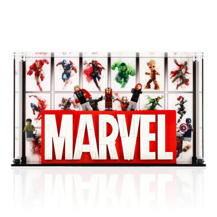 Display Case compatible with LEGO 76313 MARVEL Logo & Minifigures - Freestanding, (Printed Back Panel)