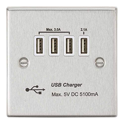 Knightsbridge CSQUADBCW Quad USB Charger Outlet, Brushed Chrome with White Insert, 5.1 A