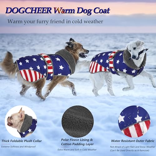 Image of Dogcheer Dog Coat, American Flag Dog Jacket Waterproof Puppy Winter Coat for Cold Weather, Reflective Adjustable Pet Snow Jacket Fleece Sweater for Small Medium Large Dogs - USA Flag, S