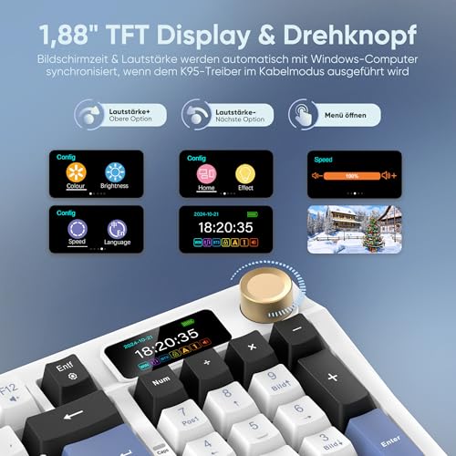 RedThunder K95 Kabellose Mechanische Gaming-Tastatur mit 1,88” Display & Knopf, QWERTZ 96 Tasten, Gasket, BT/USB-C/2,4GHz, Software, Hot-swap, Linear-Pink-Schalter, RGB, 8000mAh (Blau-Weiß) – Bild 4