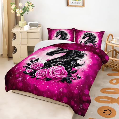 Image of AILONEN Unicorn Comforter Set Twin Size,Pink and Black Sparkling Bedding Set 3Pcs,Bedroom Decor for Girls Teens,Fantasy Glitter Quilt with 2 Pillowcases