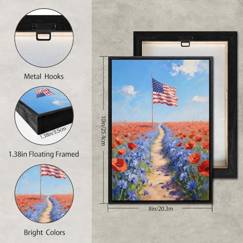 Image of American Flag Framed Canvas Wall Art, 4th of July Floral Canvas Prints, Wildflower Field Landscape Patriotic Decorations, Vintage Rustic Independence Day Wall Decor for Bedroom Living Room 8x10