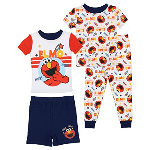 Sesame Street Boys' Cotton Pajamas 4-Piece Elmo PJ Set, White/Red, Toddler Size 2 to 5