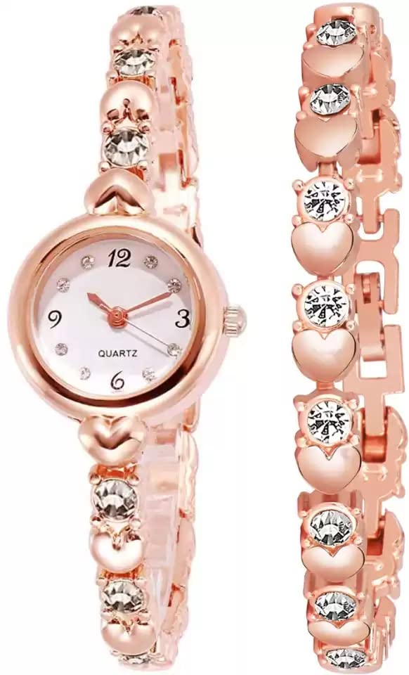 GOLDENIZE FASHION Round Diamond Rose Gold Dial Quartz Unisex Watch with Gift Bracelet for Girls and Womens Wrist Watches with Bracelet (Rose Gold) (B09YGL6YSX) Amazon Price History, Amazon Price Tracker