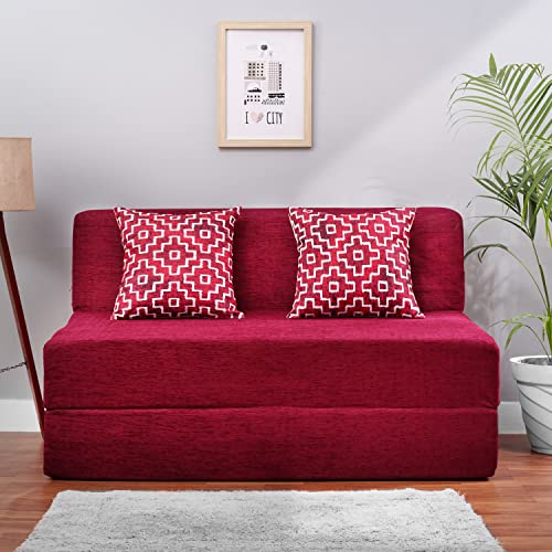 Image of Convertible Fabric Sofa Cum Bed | Foldable Double Foam & Washable Cover with Cushions | Modern Design Use Living Room & Guest Room (Maroon-Multi-Square, 4X6 Ft)