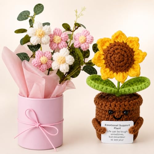 Image of Crochet Flower Bouquet & Emotional Support Sunflower Combo - Handmade Knitted Floral Gift Set | Aesthetic Mini Decor Combo