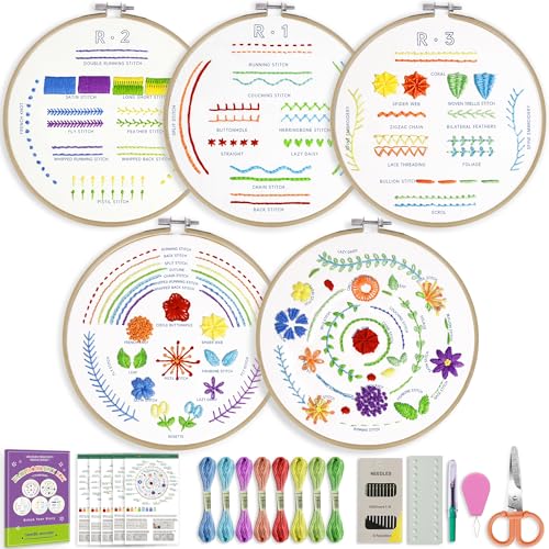 Image of CYANFOUR 5 Stage Starter Embroidery Kit for Beginners Adults and Teens, Easy to Learn 33 Different Stitches from Video & Instruction, Needlepoint Kits for Adults with Stamped Embroidery Patterns.