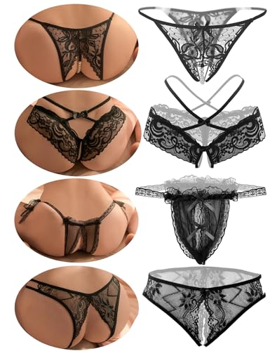 4er Pack Damen String Ouvert für Frauen, Niedrige Taille Spitzen Unterwäsche Frauen Set, Tanga Damen Sexy Dessous Unterwäsche Mit Offenem Schritt,...