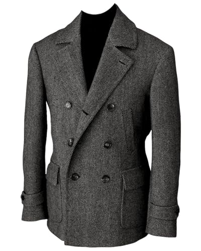 Vintage Classic Tweed Herringbone Double Breasted Wool Blend Men Suit Sports Jacket Blazer Coat