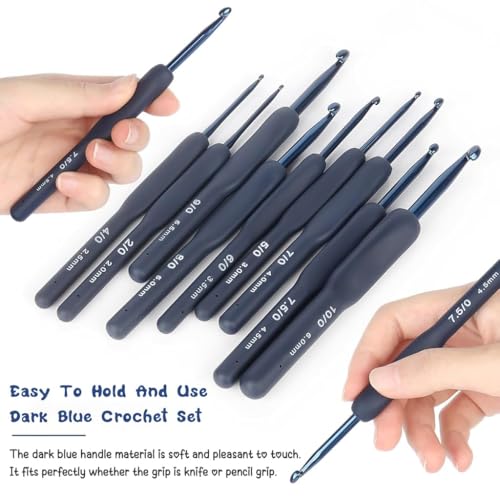 Image of VIRADHAM 9-Piece Ergonomic Crochet Hook Set - Aluminum Crochet Hooks with Soft Grip Handles, Sizes 2.0mm-6.5mm, Dark Blue Crochet Kit for Beginners & Professionals (9Pcs Dark Blue)