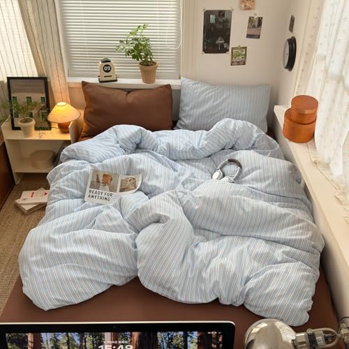 Image of VM VOUGEMARKET Light Blue & Coffee Striped Duvet Cover Set Twin XL,Soft Washed Microfiber Striped Bedding Set,Fresh Casual Neutral Aesthetic Comforter Cover for Girls Boys-68 inchx90 inch