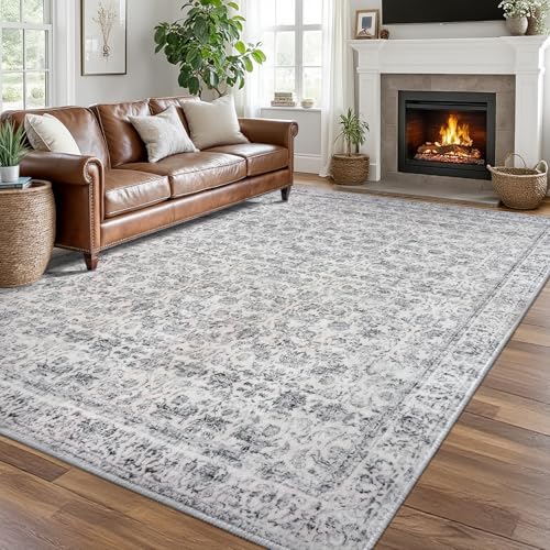 8x10 Area Rugs for Living Room, Machine Washable Large Grey Blue White Area Rug Non-Slip, Ultra Soft Vintage Floral Tribal Traditional Farmhouse Carpet for Dining Room Bedroom Home Décor