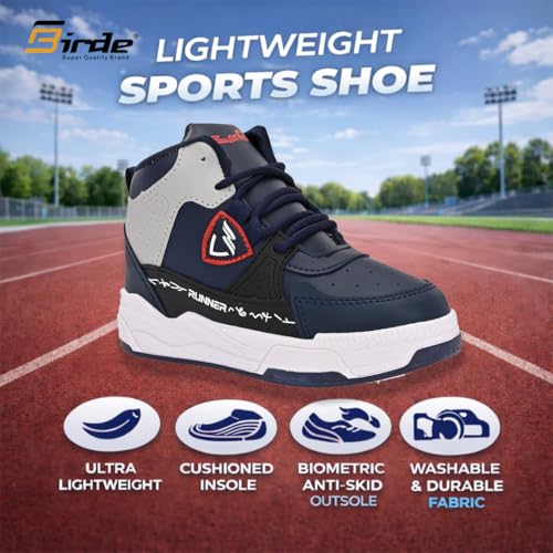 Image of Birde Stylish Comfortable Regular Wear Trekking & Hiking Walking Hi Neck Shoes with Rubber Outsole Memory Foam Casual Blue PVC High-Top Shoes for Kids Memory Foam Shoes