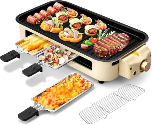 Parrilla Eléctrica Hyqg Idoor Raclette Grill, Parrilla Eléctrica De Barbacoa Sin Humo con Parrilla Et Y Placa De Cocción De 3 O-Stick, Temperatura Cotrol, Apto para Lavavajillas, Parrilla E