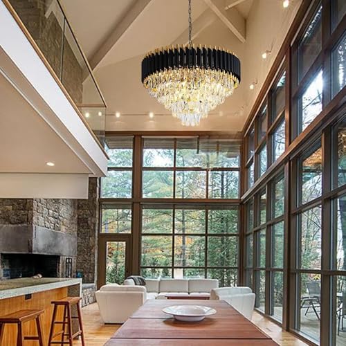 Image of Luxurious 500mm Black Gold Modern Chandelier with K9 Crystals | Warm White, Moonlight & Golden Light | Ceiling Hanging Light for Living Room, Dining Room, Bedroom, Hallway