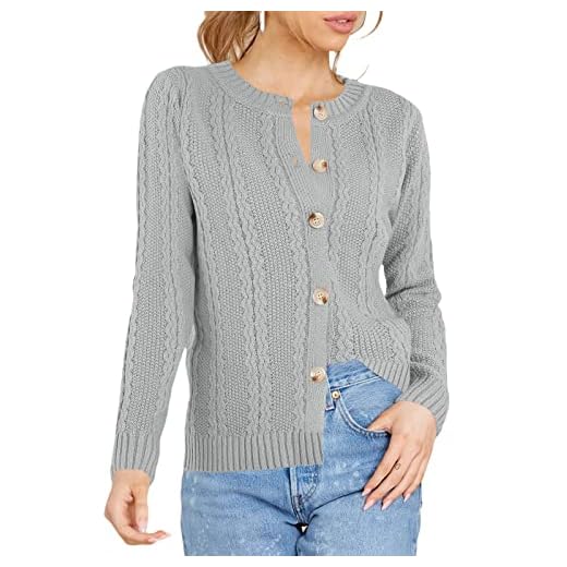 Maxwinee Damkofta långärmad med knapp ner flätmönster kort kofta elegant rund hals tröja, GRÅ, XL