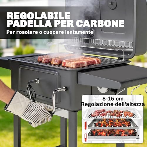 Outsunny Barbecue Carbonella Con Griglia, Vasca Carbone Sfiati Regolabile, Carrello Bbq Barbecue Portatile Con Coperchio, Termometro, Ripiani Laterali, Camino, Ganci, Ruote, Per Campeggio, Nero - 4