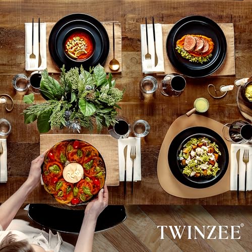 Twinzee Steinzeug Geschirrset Schwarz - Set von 24 Geschirr und Tischkunst - Teller Set - Mikrowellen- und Spülmaschinenfest - Langlebig und Elegant
