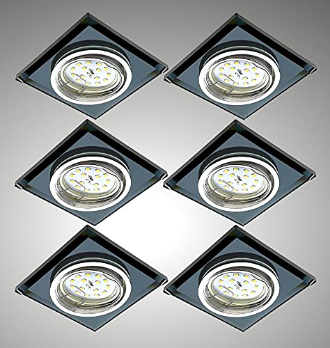 Trango Ensemble de 6 Spots LED à encastrer design TG6736S-06B Appareils encastrés I Spots de plafond I Spots en verre noir & aluminium, y compris 6 sources de lumière LED GU10 Spots à encastrer