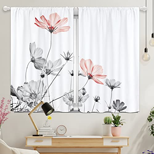 Red Grey Sheer Floral Kitchen Curtains, Flower Window Curtains For Kitchen, Rustic Retro Small Kitchen Curtain Farmhouse Country Botanical Short Cafe Curtains Window Drapes 27.5X39 Inch 2 Panels #TOP1