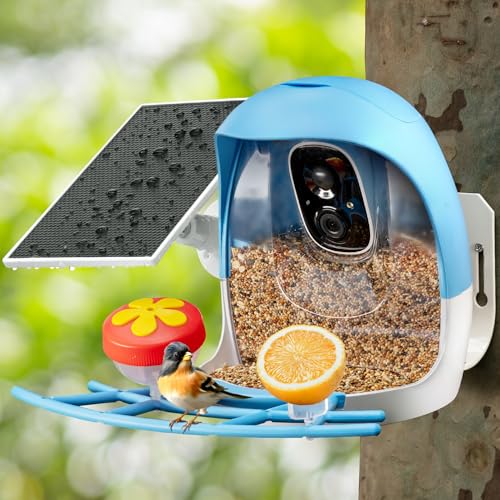 Sovmiku FCG6 AI Bird Feeder with 2K Solar Camera Squirrel Feeder Bird Identify Hummingbird attractant Motion Detection Real Time Views and Notifications SD Slot Ideal Gift for Bird Lovers for Parent