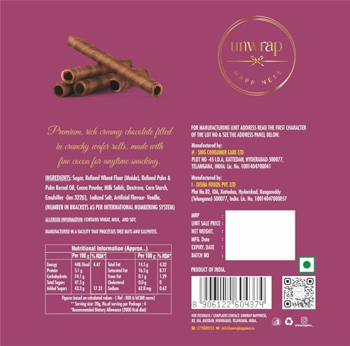 Image of Unwrap Happiness Le Classico Chocolate Wafer 2 x 85 Grams | Wafer Chocolate Rolls | Combo Pack Offer Pack | Zero Cholesterol | Vanilla Flavour | Choco Cream Filled Rolls | Snack For School Kids