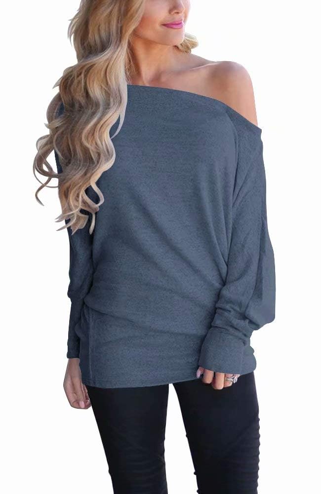 Lacozy Women's Off Shoulder Long Sleeve Oversized Pullover Sweater Knit Jumper Loose Tunic Tops