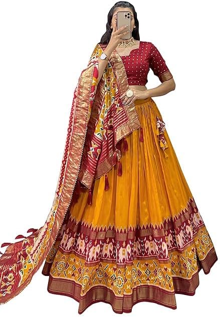 YanaFab Women's Tussar Silk With Patola Print And Foil Work Lehenga choli