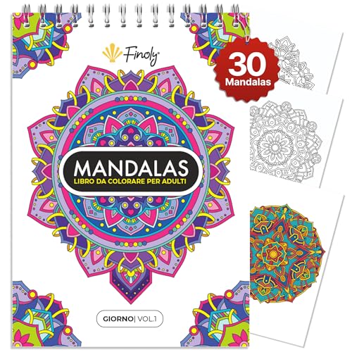 Finoly Libro mandala da colorare per adulti | Quaderno da colorare | 30 illustrazioni originali | Formato A4 | Carta Premium | Rilegatura a spirale Volume 1 (Giorno VOL 1)