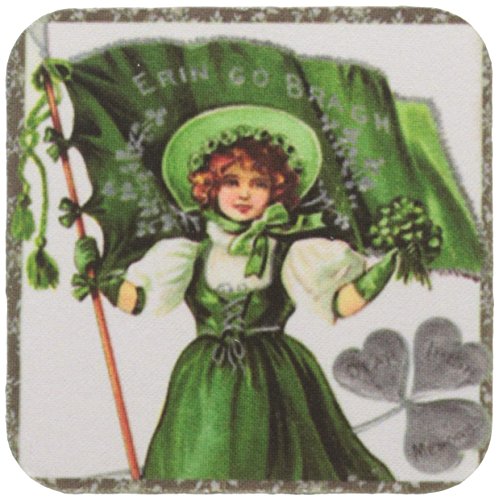 3dRose CST_42902_2 Erin Go Braugh, Irish Lady and Flag 'Vintage' Soft Coasters, Set of 8