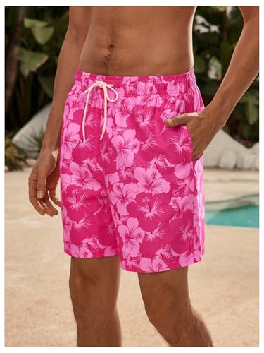 WDIRARA Men's Floral Print Swim Trunks Drawstring Waist Hawaiian Beach Shorts with Pockets2