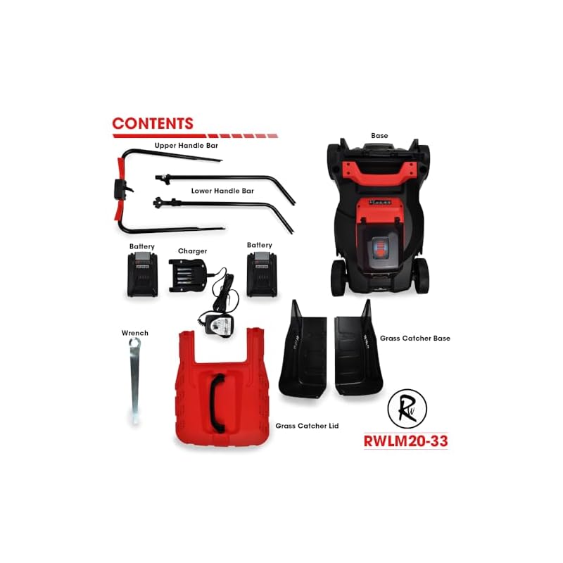 Cordless Lawnmower 33cm RocwooD 20V 2 x 2.0AH Batteries & 1 x Charger 35cm Rotary Blade 25L Grass Catcher 25-40-60mm Cutting Height Adjustment - Image 4