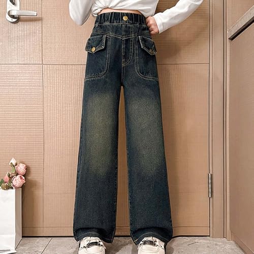 Jeans for Girls Baggy Wide Leg Cute Bow High Elastic Waisted Denim Pants Y2K Boyfriend Skater Streetwear 5-17Y4