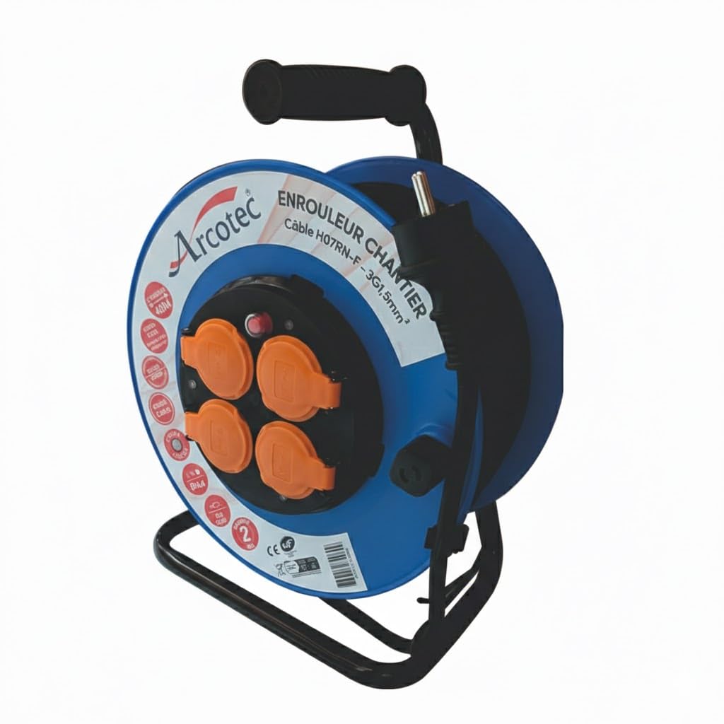 Enrouleur PRO de chantier 3G1.5 40m IP44 platine fixe (anti twist) - câble H07RN-F- 4 prises 16A - garantie 2 ans