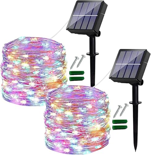 [2 Stück] Solar Lichterkette Aussen, 12M 120 LED Lichterkette Outdoor Wasserdicht Kupferdraht 8 Muster Solar Lichterkette Dekoration für Garten, Balkon, Terrasse, Hochzeit, Party (Bunt)