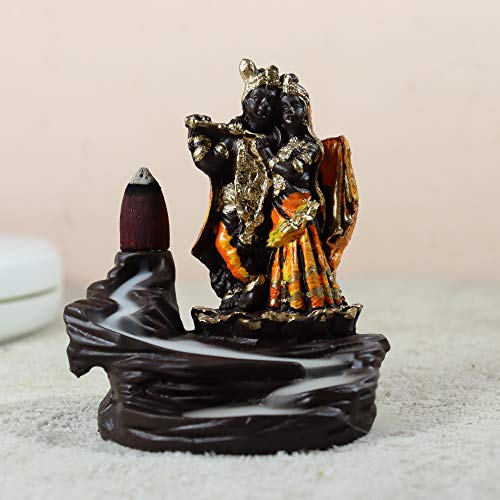 Image of CRAFTAM Polyresin Smoke Backflow Fountain Like Waterfall Radha Krishna Incense Holder Decorative Showpiece Gift with Free 10 Scented Cone Incenses (Orange)