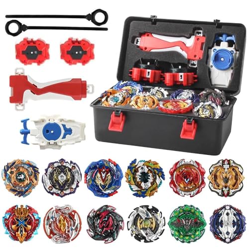 Dhqkqg Bey Burst Turbo Blade Kit de toupie de Combat 12 en 1 avec boîte Metal Fusion Blade avec poignée, 12 toupies Burst 3 lanceurs Arena Combat Game