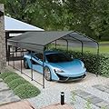 Extra Large 12x20 FT Carport Outdoor Garage Metal Car Shelter Shade Heavy Duty Canopy Car Port Galvanized Steel Roof & Frame Multi-Purpose for Cars, Tractors, Boats (Gray)