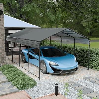 Extra Large 12x20 FT Carport Outdoor Garage Metal Car Shelter Shade Heavy Duty Canopy Car Port Galvanized Steel Roof & Frame Multi-Purpose for Cars, Tractors, Boats (Gray)