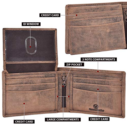 RFID Genuine Leather Bifold Wallet for Men and Women,2 Note pocket,coin pocket,multi card slots & ID window2