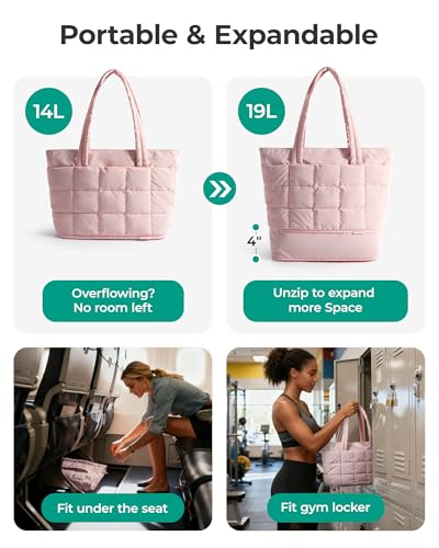 Image of BAGSMART Expandable Tote Bag for Women, Puffer Work Tote Handbag, Quilted Carry On Bag for Travel Gym