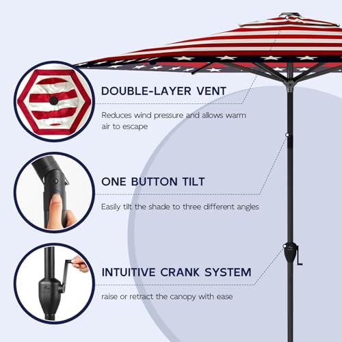Image of Abba Patio 9FT Lyon Outdoor Patio Umbrella Outdoor Table Umbrella with Push Button Tilt and Crank Market Umbrella 6 Sturdy Ribs UV Protection Waterproof for Garden Deck Backyard Pool, Star-Spangled