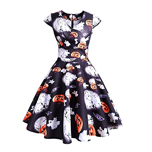 BUKINIE Vestido de Halloween para mujer, de manga larga, acampanado, con cordones, bordado, calabaza, bruja, cóctel, fiesta, cosplay, vestido de disfraz, Negro-b, S