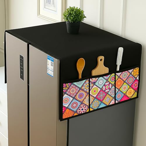 Image of Refrigerator Cover Double Door Waterproof, Dustproof, Refrigerator Top Cover, Protective Covers for Fridges with Extra Storage Space Nylon Top Fridge cover with 6 Storage Pockets (Multi, 170 x 65 cm)