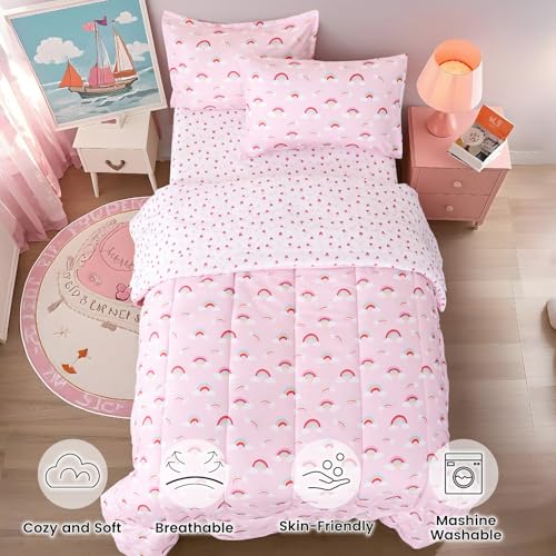 Image of david's kids 5 Piece Twin Comforter Set - Soft Breathable Bedding Twin Set for Girls, Includes Quilted Comforter, Flat Sheet, Fitted Sheet, Pillowcase and Pillowsham, Rainbow
