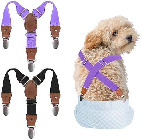 Image of 2 Pieces Dog Diaper Suspenders Escape Proof, Adjustable Belly Band for Male Dogs and Diaper Holder for Female Dogs in Heat, Washable & Reusable with 3 Clips(Black&Purple,M /L)