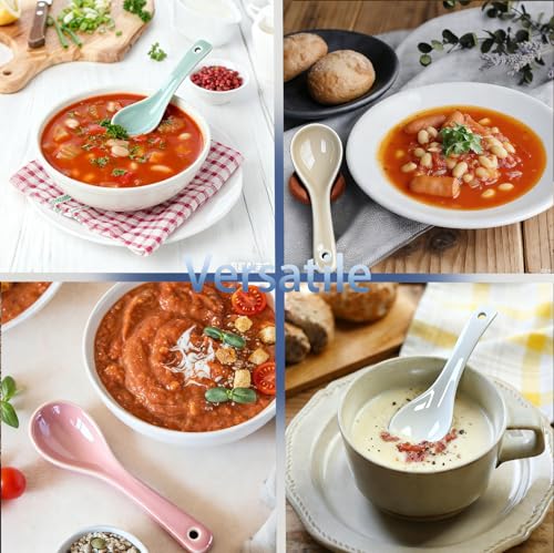 Image of Raelitego 5 /12 pcs Asian Soup Spoon, Ceramic Chinese Soup Spoons, Deep Oval Hook Non-slip Japanese Spoons for Rice Ramen Pho Miso Soup Wonton (5pcs-Pastel)